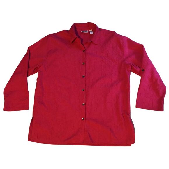 Chicos Crepe Gauze Shirt Womens Sz L Button Front Fuchsia Roll Tab Sleeve Blouse - Picture 1 of 11